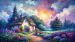 © Woonsen - A charming countryside scene with a quaint cottage nestled among colorful flower beds, under a watercolor sky painted with hues of purple and blue