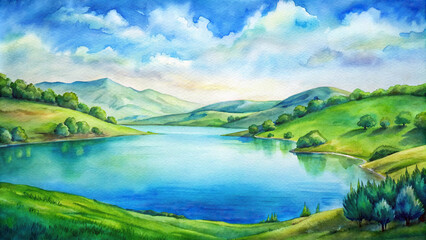 Wall Mural - A serene lake nestled among rolling hills and vibrant green meadows, with a clear blue sky overhead.