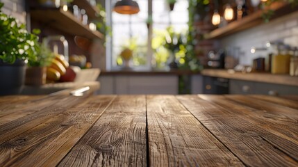 Wall Mural - Wooden table surface with a modern, blurred kitchen setting, perfect for product mockups or design layout presentations