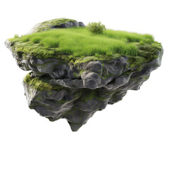 green grass island on  isolated white background. fantasy floating island with natural grass field on the rock, surreal float landscape with paradise concept Fantasy island floating in the air.