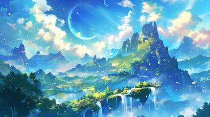 Wall Mural - View of high mountains and fantasy moon