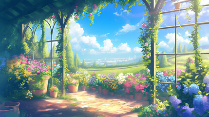 Wall Mural - view of beautiful flower plants in the morning illustration