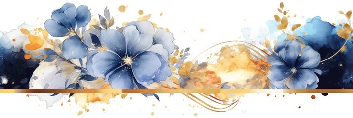 Abstract luxury floral watercolor banner with elegance elements and splashes. Golden line with blue and gold flower decorated and line arrangement with white background. Elegant design concept. AIG35.