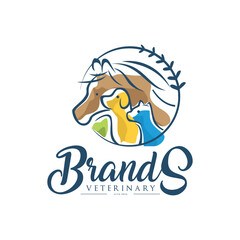 Veterinarian logo design pet shop with animal horse dog cat icon symbol animal care