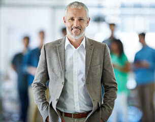 Poster - Happy, portrait and mature businessman in office with team for leadership, confident and positive attitude. Smile, pride and male lawyer manager with ambition and corporate professional at workplace.