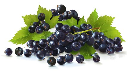   Black grapes on white background with green leaves and reflective surface