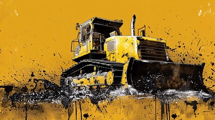 Contemporary hand-drawn bulldozer artwork in vivid yellow and bold black, with room for text customization