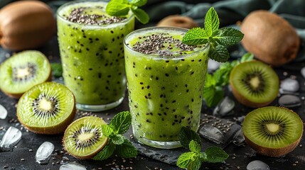   Two green smoothies on a black background with kiwis and mint