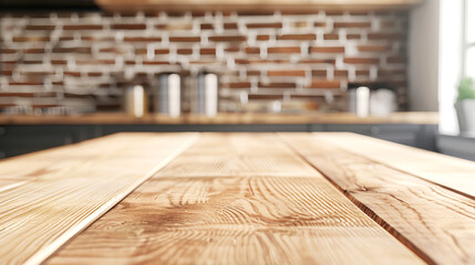 Poster - Empty wooden table with a blurred kitchen background, ideal for product display or branding presentation. Generative AI