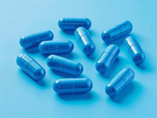 Blue capsules on a plain blue background with soft shadows