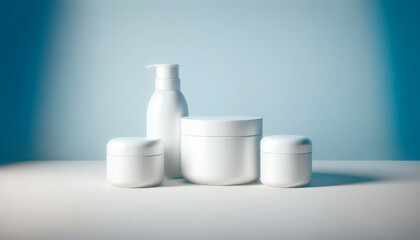 Poster - White skincare product containers on a blue and white background, clean design for branding mockup, Generative AI
