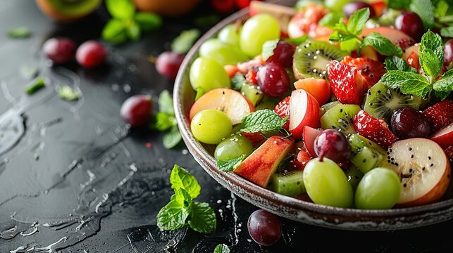   A close-up photo shows a bowl filled with fresh fruit on a wooden table The image includes an array of succulent strawberries, luscious grapes, and juicy pineap