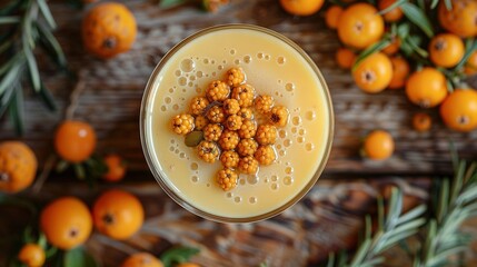 Wall Mural -   Glass of orange juice with chickpea garnish on wooden table surrounded by oranges