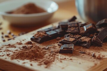 A cozy evening setting with broken chocolate pieces and cocoa powder arranged on a wooden cutting board ready for a hot chocolate recipe