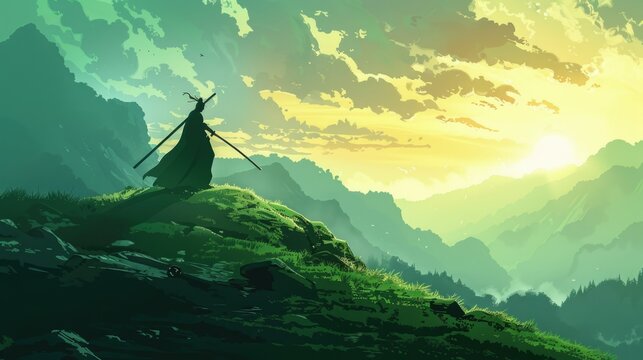 Epic anime scene of a man slashing a sword on a green hill with the dramatic silhouette of a warrior in the mountain landscape
