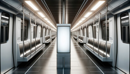 Poster - Mockup of a blank advertising billboard inside an empty metro carriage with modern design, lit by overhead lights. Generative AI