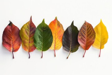 A set of autumn leaves each leaf rotated slightly to showcase the unique color transitions on a white background