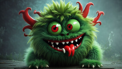 a green furry monster with red horns and red eyes.