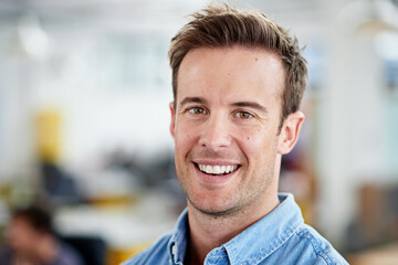 Poster - Creative, man and smile in office for portrait with designer agency or project manager for planning. Businessman, professional and entrepreneur of startup business, proud and confident with mindset.