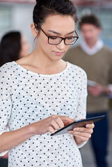 Aufkleber - Woman, tablet and creative office working for agency, coworking workplace and online or startup business website. Review, planning and app for social networking and job, browse and typing information