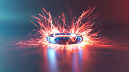 A visually captivating image of a glowing energy ring surrounded by dynamic red and blue light particles against a dark backdrop.