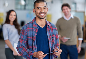 Aufkleber - Man, tablet and happy in office on portrait for career or job growth and opportunity graphic designer. Employees, people and smile or confident with teamwork and collaboration in digital agency