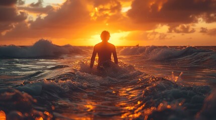 Wall Mural - Surfer at Sunset - Silhouette of a surfer wading through ocean waves at sunset, capturing the serene and vibrant colors of the sky and water.