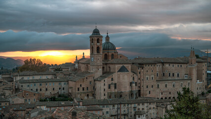 Wall Mural - View of the medieval village of Urbino at dawn