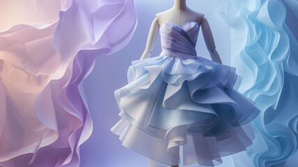 Elegant lavender and blue ruffled dress on a mannequin, surrounded by flowing fabric swirls, creating a dreamy and ethereal display.