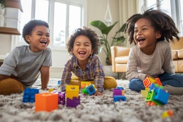 A group of children playing with toy blocks and laughing sitting together on a soft carpet at home