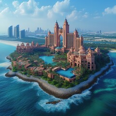 dubai, united arab emirates - june 5, 2019: atlantis hotel and the whole palm island background in d