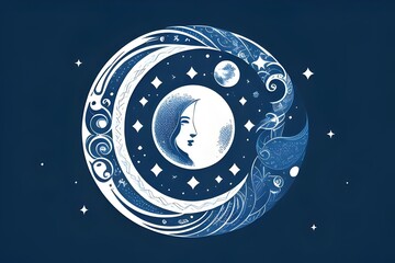 a  vintage moon and stars logo, hand drawn,  blue, etching, human, celestial, night, antique, celestial, cosmic, artistic, sketch, whimsical, classic, intricate, lunar, stellar, detailed, decorative, 