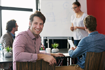 Leinwandbilder - Portrait, man and boardroom for meeting with colleagues, office and corporate for planning. Professional, coworkers and conference for financial advisor, team and technology for strategy and project