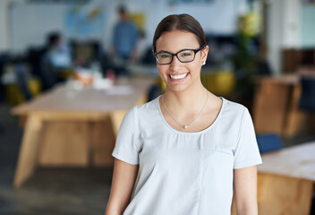 Sticker - Portrait, smile and creative business woman in office for career, job and startup company. Face, glasses or happy professional entrepreneur, designer or young employee working at workplace in Germany