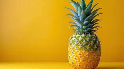   A pineapple sits on a yellow background with two yellow walls surrounding it
