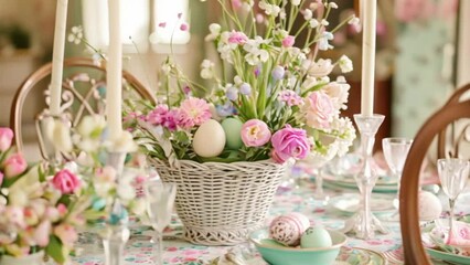 Wall Mural - Easter tablescape decoration, floral holiday table decor for family celebration, spring flowers, Easter eggs, Easter bunny and vintage dinnerware, English country and home styling idea
