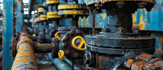 Rusted pipe network in a factory, featuring black and yellow valves, with a background of blue and rusted steel, showcasing an aging industrial environment