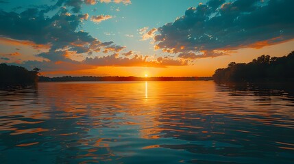 A serene lakeside sunset with vibrant colors reflecting off the water, generative AI