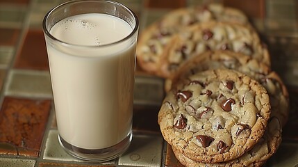   A glass of milk next to stacked chocolate chip cookies on tiled surface