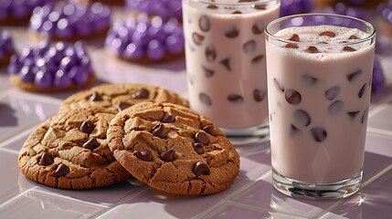   A table with two glasses of milk and two chocolate chip cookies next to a pair of glasses of milk