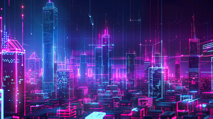 Poster - A digital cityscape with holographic elements and circuit patterns