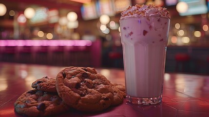   A chocolate chip cookie and two glasses of milkshake on a table