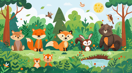 Wall Mural - Cartoon forest animals. Summer woodland with bear, fox and wolf, hare and beaver in stream, squirrel and badger, owl and woodpecker, snake. Trees and bushes. Vector illustration. Wildlife environment.