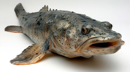 Wall Mural -   A close-up of a fish statue on a white surface with its mouth wide open