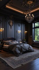 Poster - Elegant Black Bedroom with Dark Wood Floors