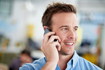 Poster - Man, employee and smile in office with phone call for communication or networking as website designer. Business, happy and confident with conversation for project in digital agency and proud