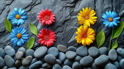 Poster -   A collection of vibrant blooms atop a stack of stones near lush green foliage