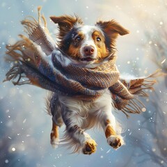 Wall Mural - Adult dog in a scarf in a jump on a blue background with falling snow. Winter photography with a pet