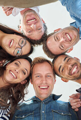 Poster - Huddle, portrait and smile with team in office together for solidarity or unity from below. Collaboration, employee friends and face of business people in circle at designer workplace for support