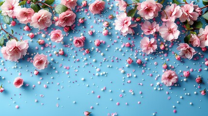 Wall Mural -   A pink bouquet against a blue backdrop, with white and pink glitter at the base of the petals